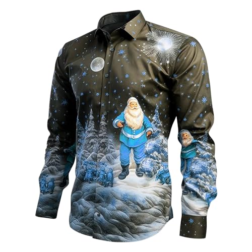 Fannyfuny Weihnachtshemd Herren Langarm, Weihnachten Muster 3D Bedruckte Hemd Freizeithemd Männer Langärm Slim Fit Christmas Shirt Hawaiihemd Stehkragen Lustige Funky Hemden Langarmhemd Langarmshirt von Fannyfuny