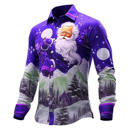 Fannyfuny Weihnachtshemd Herren Langarm, Weihnachten Muster 3D Bedruckte Hemd Freizeithemd Männer Langärm Slim Fit Christmas Shirt Hawaiihemd Stehkragen Lustige Funky Hemden Langarmhemd Langarmshirt von Fannyfuny