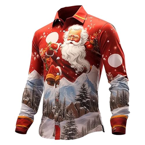 Fannyfuny Weihnachtshemd Herren Lustig, Weihnachten Muster 3D Bedruckte Hemd Freizeithemd Männer Langärm Slim Fit Christmas Shirt Hawaiihemd Stehkragen Lustige Funky Hemden Langarmhemd Langarmshirt von Fannyfuny