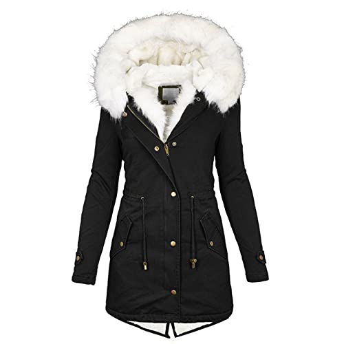 Fannyfuny Winterjacke Damen Warm, mit Teddyfell Elegant Lang Steppmantel Gefüttert Winddicht Schwarz Winterparka 3 In 1 Steppmantel Abnehmbarer Fellkapuze Wintermantel Parka Jacke Herbst Mantel von Fannyfuny