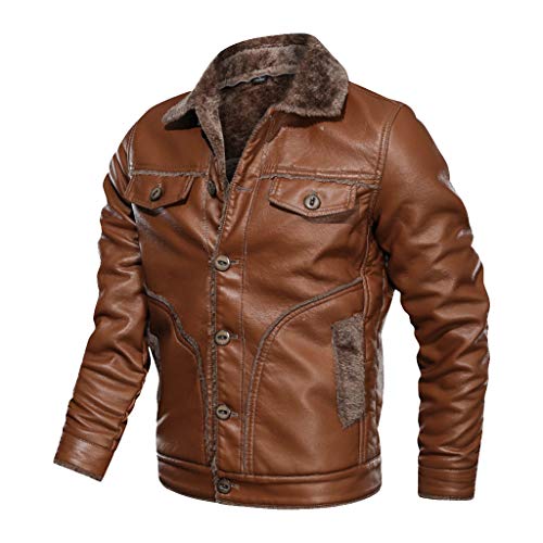 Fannyfuny Winterjacke Herren Lederjacke mit Reverskragen Männer Innenfleece Übergangsjacke Parka Jacke Outdoor Casual Bikerjacke Echtleder Vintage Langarm Jacke Winter Outwear mit Multi Taschen M-8XL von Fannyfuny