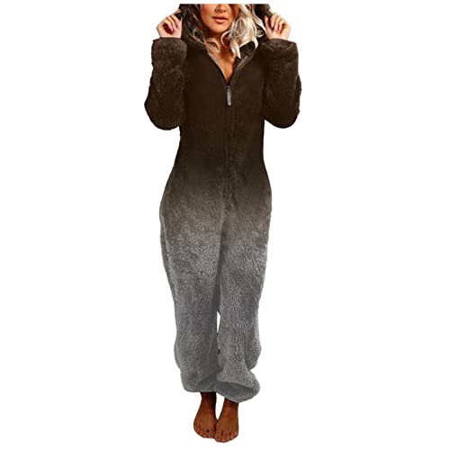 Flauschiger Schlafanzug Damen Jumpsuit DamenTeddy Fleece Schlafanzug Einteiler Winter Warm Kuschelig Onesie Lang Schlafoverall Pyjama Kuschelig und Warm Ganzkörperanzug Flauschig Hausanzug mit Kapuze von Fannyfuny