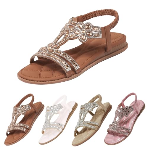 Glitzer Sandalen Damen Sommer Strass Sandalen Elegant Flach Schuhe Elegant Mädchen Sommerschuhe Frauen Bequem Weichen Sohlen Damensandalen Gummiband Slingback Sandaletten Strandschuhe von Fannyfuny