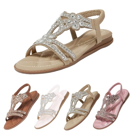 Glitzer Sandalen Damen Sommer Strass Sandalen Elegant Flach Schuhe Elegant Mädchen Sommerschuhe Frauen Bequem Weichen Sohlen Damensandalen Gummiband Slingback Sandaletten Strandschuhe von Fannyfuny