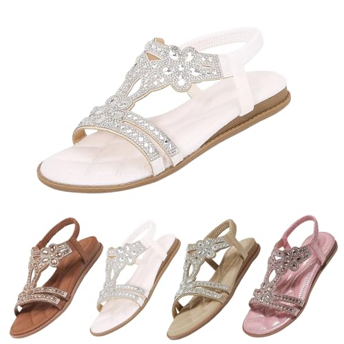 Glitzer Sandalen Damen Sommer Strass Sandalen Elegant Flach Schuhe Elegant Mädchen Sommerschuhe Frauen Bequem Weichen Sohlen Damensandalen Gummiband Slingback Sandaletten Strandschuhe von Fannyfuny