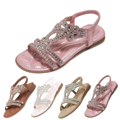 Glitzer Sandalen Damen Sommer Strass Sandalen Elegant Flach Schuhe Elegant Mädchen Sommerschuhe Frauen Bequem Weichen Sohlen Damensandalen Gummiband Slingback Sandaletten Strandschuhe von Fannyfuny