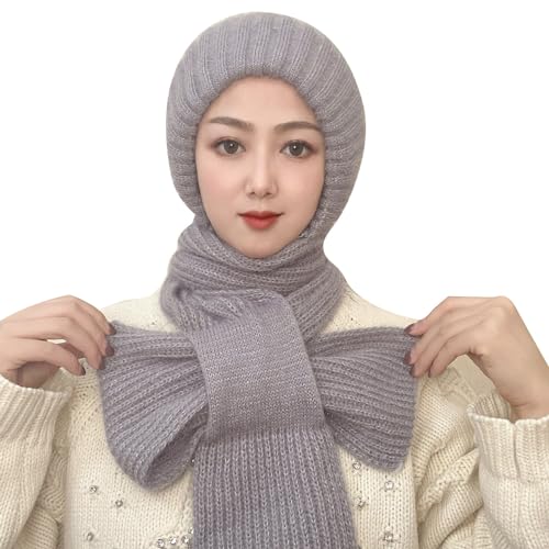 Integrierter Gehörschutz Winddichte Mütze Schal, Kapuzenschal für Frauen Winter,2 in 1 Maskenschal Strickmütze, Ear Protection Windproof Damen Verdickter Warmer Einteiliger Hutschal Strickmütze von Fannyfuny