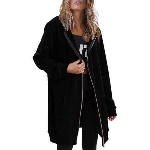 Jacke Damen übergangsjacke Lang, Sweatjacke Damen Oversize, Sweatshirt Jacke Mit Kapuze, Baumwoll Zipper Hoodie Kapuzenjacke, Langarm Sweatshirt, Sport Style Casual Kapuzenpullover Mit Reißverschluss von Fannyfuny