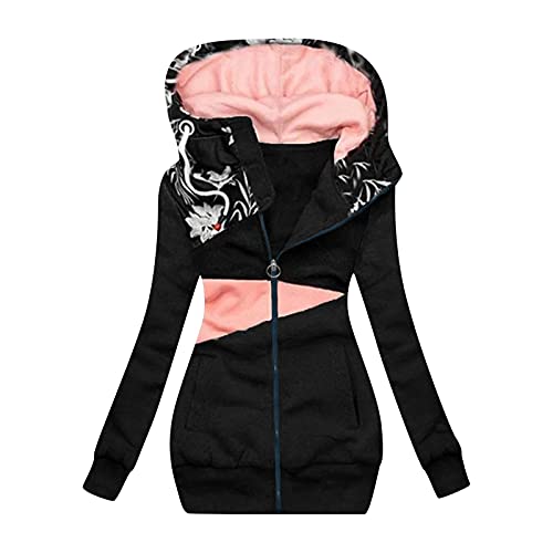 Longpullover für Damen Große Größen Übergangsjacke: Damen Farbblock Sweatshirt Casual Kordelzug Oberteil mit Taschen Rollkragenpulli Vintage Kapuzenjacke Zip Up mit Kapuze 90er Pulli Longsleeve Tops von Fannyfuny