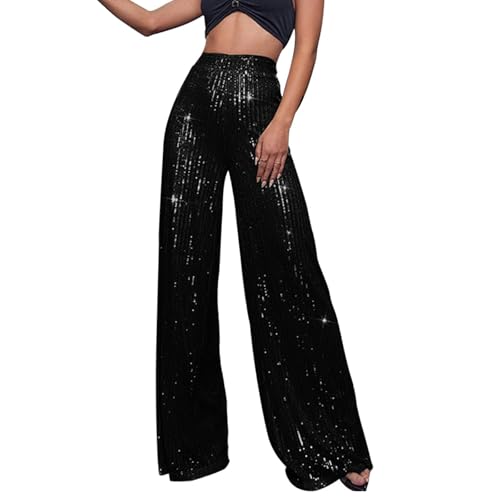Pailletten Hose Damen Gold-Glitzer Hose Lang Metallic Hose Lang High Waist Baggy Jogginghose Weites Bein Sommerhose Locker Weite Hose Große Größen Paillettenhose Metallic Hosen Büro Pants Glitzer Hose von Fannyfuny