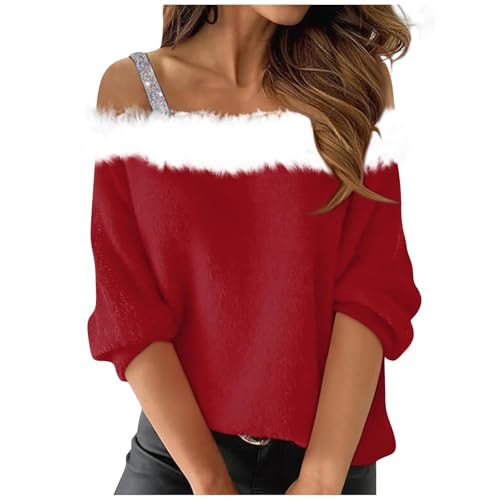 Pullover für Damen Weihnachten 3D Druck Plüsch Schulterfrei Langarm Pulli Shirt Mit Schulterriemen Xmas Weihnachtspullover Weihnachtspulli Mädchen Christmas Sweatshirt Autumn Lässiges Oberteile Shirt von Fannyfuny