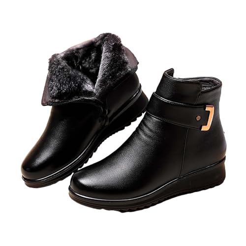 Stiefel Damen Winter Gefüttert Elegant, Metallschnalle, echtes Leder, Wolle, Winterstiefel, warme Schneestiefel, Damen-Stiefelette zum Reinschlüpfen mit Fell gefüttert, mit seitlichem Reißverschluss von Fannyfuny