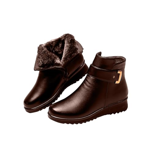 Stiefel Damen Winter Gefüttert Elegant, Metallschnalle, echtes Leder, Wolle, Winterstiefel, warme Schneestiefel, Damen-Stiefelette zum Reinschlüpfen mit Fell gefüttert, mit seitlichem Reißverschluss von Fannyfuny