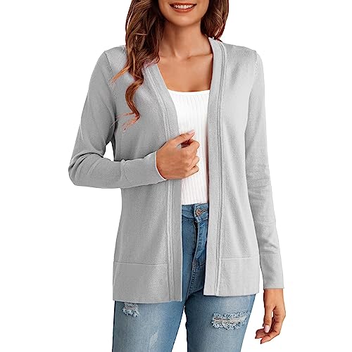 Strickjacke Damen Grau Langarm Cardigan Leicht Gestrickt Blazer Casual Jacke ohne Kapuze Langarm Strickjacke Offene Sommerjacke Solid High Stretchy Strickmantel Elegante Langarmshirt Wasserfall von Fannyfuny