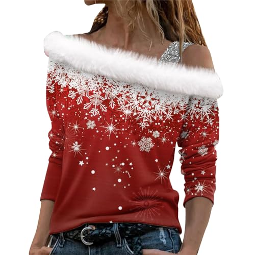 Weihnachten Pullover Damen, Weihnachten 3D Druck Plüsch Schulterfrei Langarm Pulli Shirt Mit Schulterriemen Xmas Weihnachtspullover Weihnachtspulli Mädchen Christmas Sweatshirt Herbst Oberteile von Fannyfuny