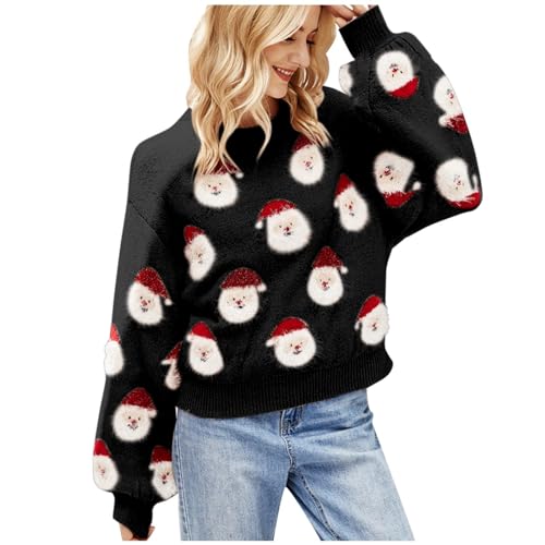 Weihnachtspullover Damen, Strickpullover Rundhals Pulli Sweater Strick Pullover Winter Strickpulli Weihnachten Damen Langarmshirt Santa Print Christmas Sweater Xmas Pullover Langarm Sweatshirt von Fannyfuny