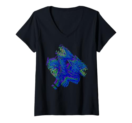 Damen Cerberus Höllenhund Dreiköpfiges Monster Unterwelt T-Shirt mit V-Ausschnitt Damen Cerberus Höllenhund Dreiköpfiges Monster Unterwelt T-Shirt mit V-Ausschnitt von Fans Dunkler Fantasy Antiker Monster