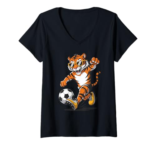 Damen Lustiger Tiger, der Fußball spielt große Katze, Fußball-Liebhaber T-Shirt mit V-Ausschnitt Damen Lustiger Tiger, der Fußball spielt große Katze, Fußball-Liebhaber T-Shirt mit V-Ausschnitt von Fans Soccer Ball Graphic