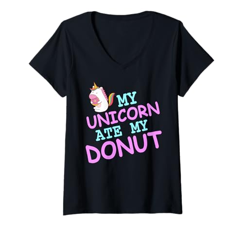 Damen Mein Einhorn Hat Meinen Donut Gegessen Lustig T-Shirt mit V-Ausschnitt Damen Mein Einhorn Hat Meinen Donut Gegessen Lustig T-Shirt mit V-Ausschnitt von Fans Süßer Fantasie-Einhörner