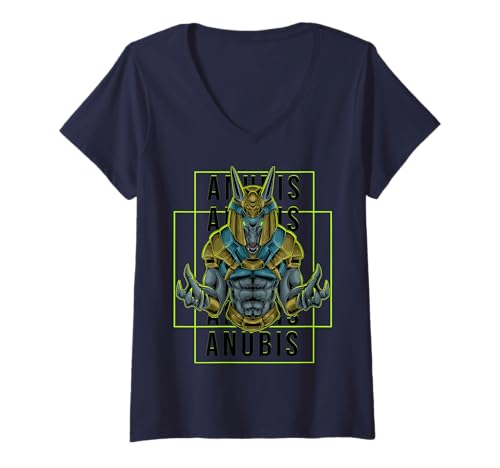 Damen Entfessele die Macht von Anubis ägyptischer Gottkrieger T-Shirt mit V-Ausschnitt von Fans der ägyptischen Mythologie und Legenden