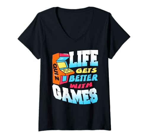 Damen Das Leben Wird mit Retro-Arcade-Spielen Besser T-Shirt mit V-Ausschnitt Damen Das Leben Wird mit Retro-Arcade-Spielen Besser T-Shirt mit V-Ausschnitt von Fans klassischer Videospiele