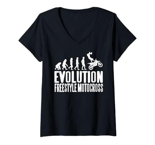 Damen Die Entwicklung des Freestyle Motocross Tricks T-Shirt mit V-Ausschnitt Damen Die Entwicklung des Freestyle Motocross Tricks T-Shirt mit V-Ausschnitt von Fans von Dirtbike-Stunts und Motocross-Action