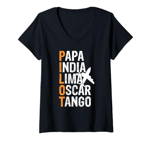 Damen Pilot Buchstabiertafel Papa India Lima Oscar Tango T-Shirt mit V-Ausschnitt von Fans von Funkalphabeten und Flugkommunikation