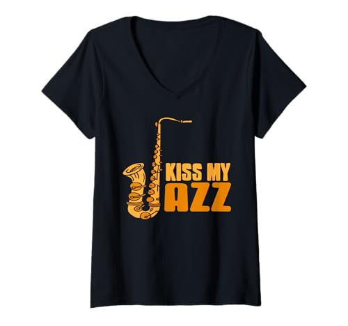 Damen Küss Meinen Jazz Lustiger Saxophon Spruch T-Shirt mit V-Ausschnitt Damen Küss Meinen Jazz Lustiger Saxophon Spruch T-Shirt mit V-Ausschnitt von Fans von Jazzmusik und Saxophon