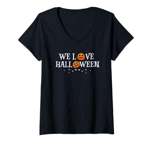 Damen Wir Lieben Halloween Lustige Kürbisse Mit Fledermäusen T-Shirt mit V-Ausschnitt Damen Wir Lieben Halloween Lustige Kürbisse Mit Fledermäusen T-Shirt mit V-Ausschnitt von Fans von Kürbisspaß und gruseliger Stimmung