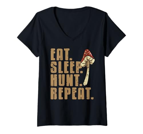 Damen Essen Schlafen Suchen Wiederholen Pilz-Sammler Spruch T-Shirt mit V-Ausschnitt Damen Essen Schlafen Suchen Wiederholen Pilz-Sammler Spruch T-Shirt mit V-Ausschnitt von Fans von Pilzen und Waldabenteuern