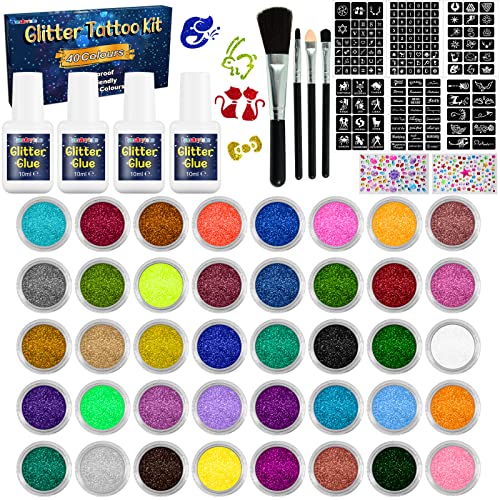 FansArriche Glitzer Tattoo Set, Temporäre Tattoo Set für Kinder, 40 Farben, Vorlagen, Glitzer-Sticker, Geschenk für Karneval, Party, Geburtstag, Halloween, Hautsicheres Flash FansArriche Glitzer Tattoo Set, Temporäre Tattoo Set für Kinder, 40 Farben, Vorlagen, Glitzer-Sticker, Geschenk für Karneval, Party, Geburtstag, Halloween, Hautsicheres Flash von FansArriche