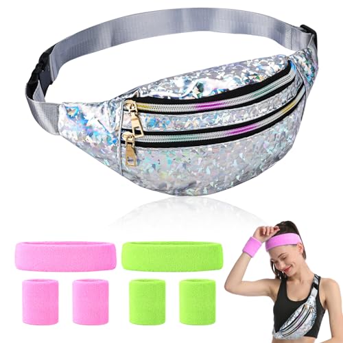 Fanshiontide 90er 80er Jahre Accessoires,Neon Bauchtasche Stirnband mit Armbändern,80 90er Jahre Outfit Damen Mottoparty Kostüm 80er Jahre Gürteltasche Pailletten für Retro Party Thema Karnevals von Fanshiontide