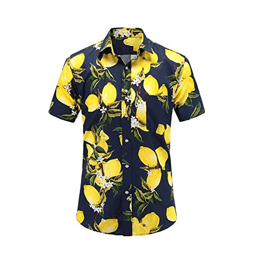FANSU Herren Hawaiihemd, Herren Urlaub Hawaiihemd 3D Gedruckt Muster Kurzarm Strand Palmen Meer Freizeit Reise Party Hemd (Dunkelblaue Zitrone,2XL) von FANSU