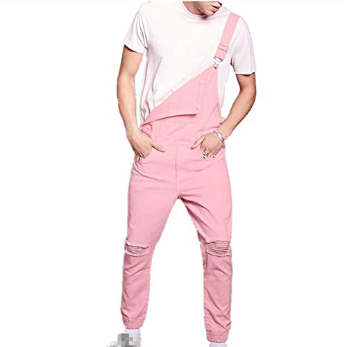 FANSU Herren Jeans Latzhose Overall, Arbeitshosen Lange Jeanshose Retro Denim Arbeitslatzhose Jumpsuit Destroyed Ripped Multifunktion Hose Arbeitskleidung (XL,Rosa) von FANSU