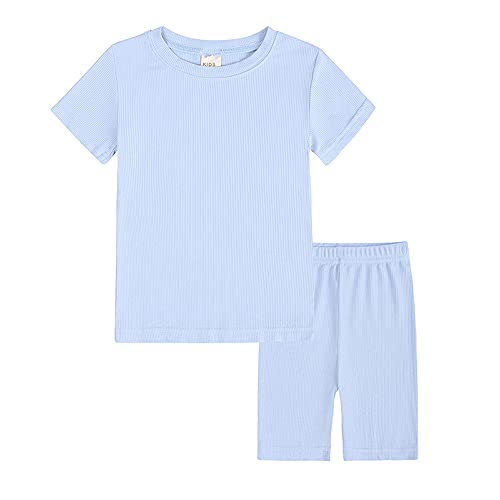 FANSU Kinder Kurzarm Schlafanzüge Zweiteiliger Sommer Einfarbig Rib Stoffe Pajamas Sets Short Jungen Mädchen Baumwolle Leggings Schlafanzug für 1-8 Jahre alt (Hellblau,140cm) von FANSU