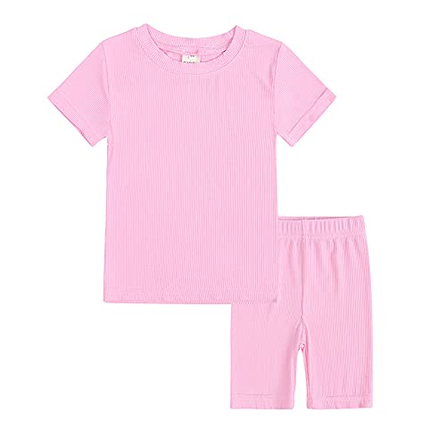 FANSU Kinder Kurzarm Schlafanzüge Zweiteiliger Sommer Einfarbig Rib Stoffe Pajamas Sets Short Jungen Mädchen Baumwolle Leggings Schlafanzug für 1-8 Jahre alt (Rosa,140cm) von FANSU