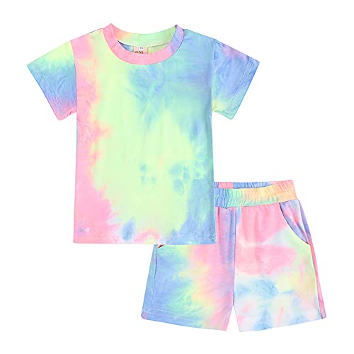 FANSU Kinder Kurzarm Schlafanzüge Zweiteiliger Sommer Mode Tie Dye Pajamas Sets Short, Kids Jungen Mädchen Baumwolle Mehrfarbig Schlafanzug für 0-8 Jahre alt (Grün,140cm) von FANSU