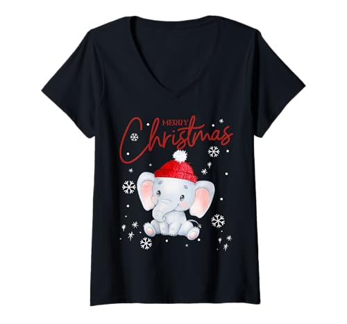 Damen Frohe Weihnachten – niedliche Elefanten-Grafik T-Shirt mit V-Ausschnitt von Fantabulous Acc