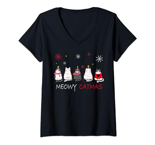 Damen Meowy Catmas Lustige Weihnachtskatzen T-Shirt mit V-Ausschnitt von Fantabulous Acc
