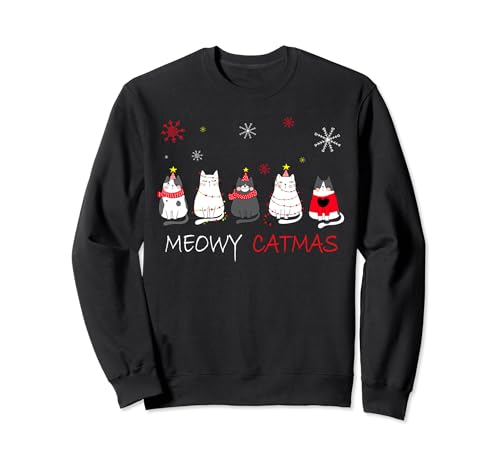 Fantabulous Acc Frauen Meowy Catmas Lustige Weihnachtskatzen Sweatshirt Schwarz S EU Klein Klassisch Langarm Crew Neck Winter Humor Weihnachten Frauen, Katzenliebhaber von Fantabulous Acc