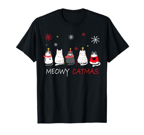 Fantabulous Acc Meowy Catmas Lustige Weihnachtskatzen T-Shirt, Damen, Unisex-Kinder, Schwarz, S, Kurzarm, Novelty-T-Shirts, Klassisch, V-Ausschnitt von Fantabulous Acc