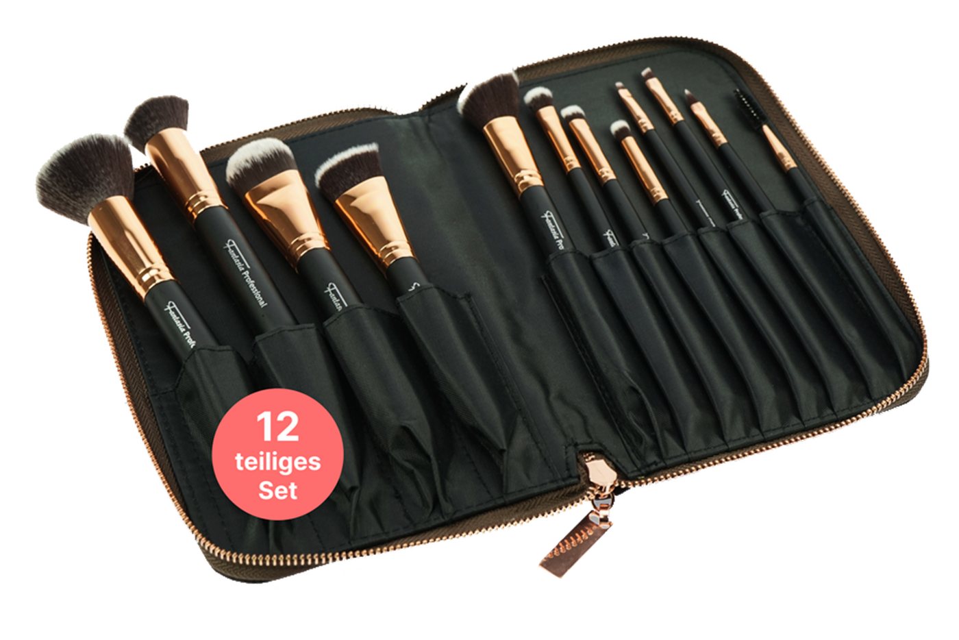 Fantasia Beauty Kosmetikpinsel-Set Pinsel-Set 12-tlg. mit Synthetic Haar, Schwarz-Kupfer in Tasche, Vegan von Fantasia Beauty
