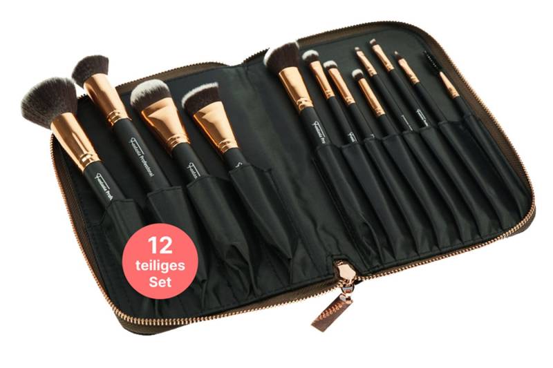 Fantasia Beauty Kosmetikpinsel-Set Pinsel-Set 12-tlg. mit Synthetic Haar, Schwarz-Kupfer in Tasche, Vegan von Fantasia Beauty