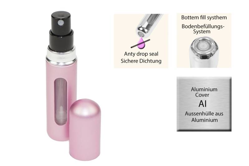 Fantasia Beauty Parfümzerstäuber Taschenzerstäuber, matt pink, für 5 ml, mit Füllautomatik (1 St), Füllautomatik, Sichtfenster, Aluminium von Fantasia Beauty