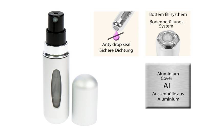 Fantasia Beauty Parfümzerstäuber Taschenzerstäuber, matt silber für 5 ml, mit Füllautomatik (1 St), für 5 ml, Füllautomatik, Sichtfenster von Fantasia Beauty