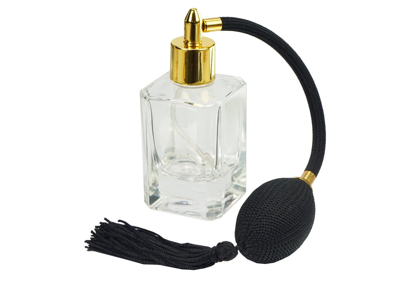 Fantasia Beauty Parfümzerstäuber Tischzerstäuber, Glas eckig, mit Ballpumpe, schwarz-goldfarben, 50 ml (1 St), Parfümzerstäuber mit Ballpumpe von Fantasia Beauty