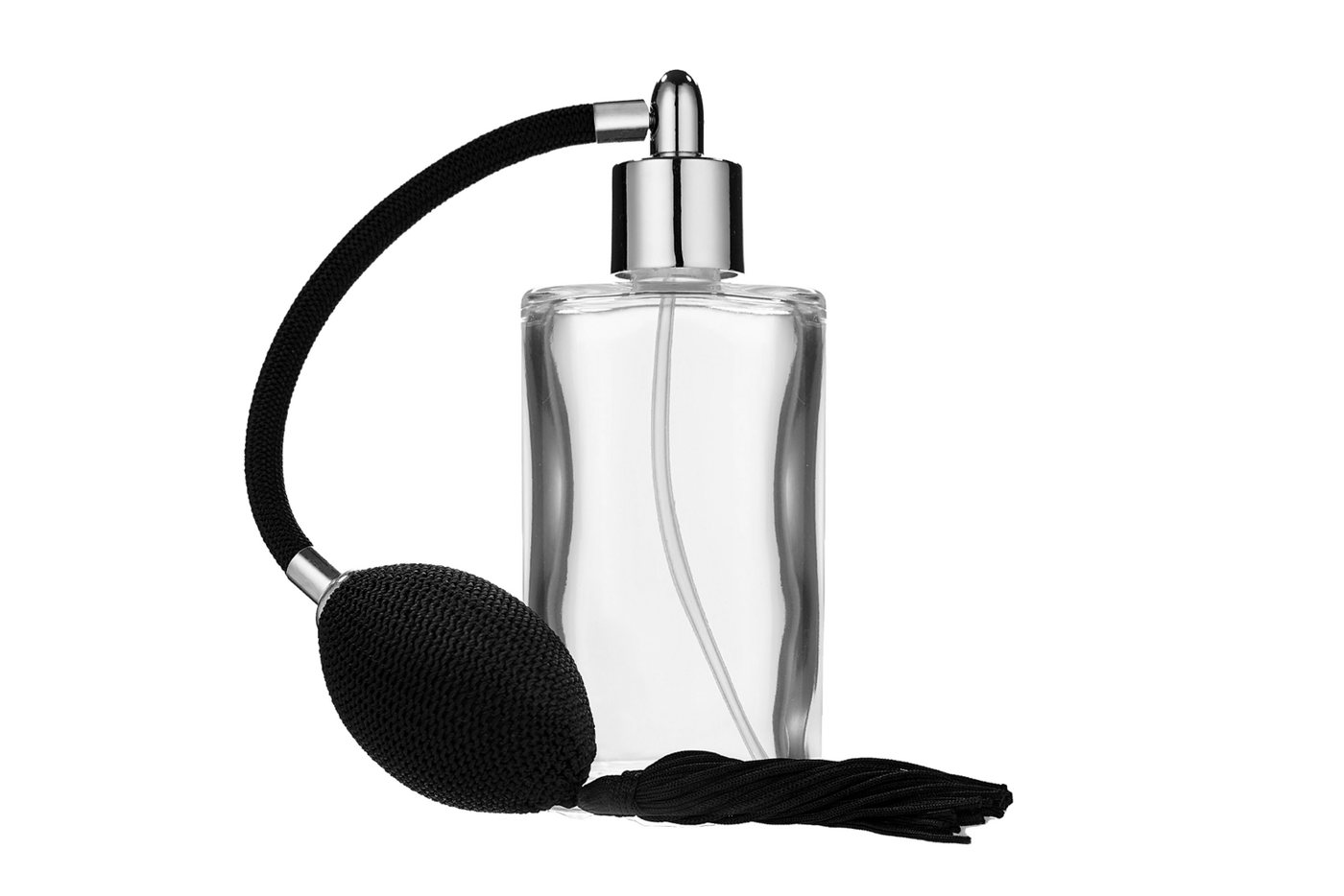 Fantasia Beauty Parfümzerstäuber Tischzerstäuber, Glas oval, mit Ballpumpe, schwarz-chromfarben, 100 ml (1 St), Parfümzerstäuber von Fantasia Beauty