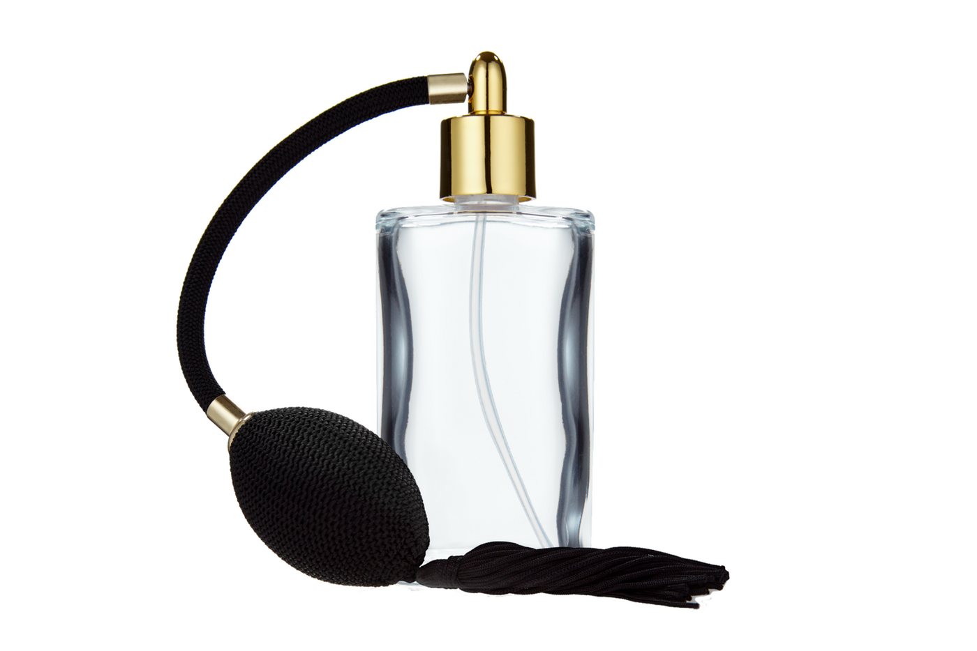 Fantasia Beauty Parfümzerstäuber Tischzerstäuber, Glas oval, mit Ballpumpe, schwarz-goldfarben, 100 ml (1 St), Parfüm-Zerstäuber von Fantasia Beauty