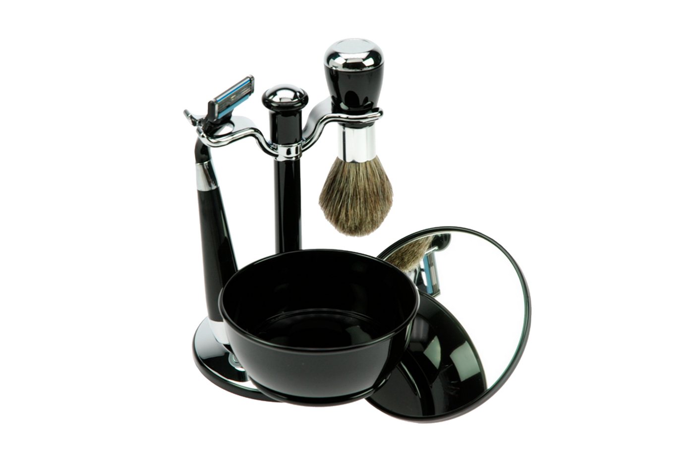 Fantasia Beauty Rasierset-Ständer Rasier-Set mit Schale + Spiegel-Deckel schwarz, 1-tlg., Rasierständer, Rasierer, Rasierpinsel, Rasierschale, Mach 3 Klinge von Fantasia Beauty