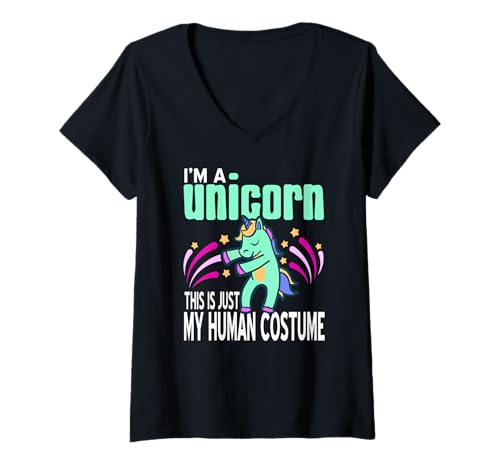 Damen Einhorn Im Menschlichen Kostüm Lustig Halloween T-Shirt mit V-Ausschnitt Damen Einhorn Im Menschlichen Kostüm Lustig Halloween T-Shirt mit V-Ausschnitt von Fantasie Dabbing Einhorn Spaß Verkleidung Fans